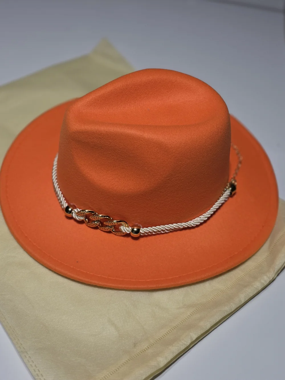 Source Unknown Orange Felt Fedora with White Rope Trim